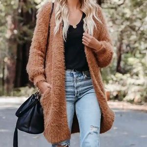 Camel long fuzzy cardigan
